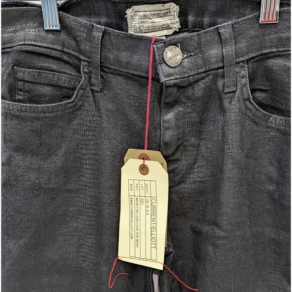 Current/Elliot The Ankle Skinny Trucker Coated Textured Black Jeans Size 28 - Picture 6 of 10
